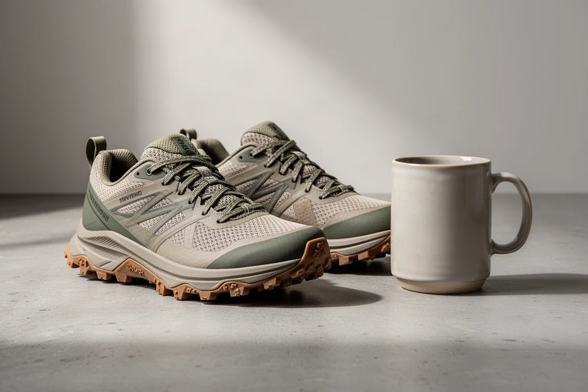 Pair of Saucony Xodus Ultra 3 trail running shoes on concrete with a mug