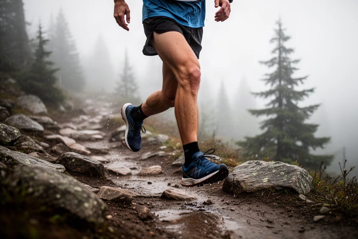 Trail runner su un sentiero di montagna roccioso e bagnato con cielo coperto