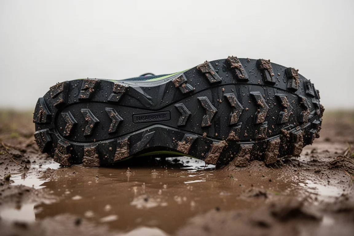 Primo piano della suola tassellata di una scarpa da trail sul terreno bagnato