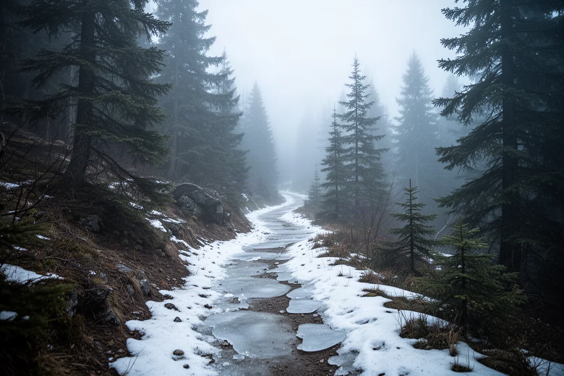 Sentiero di montagna cosparso di neve nella fredda luce del primo mattino