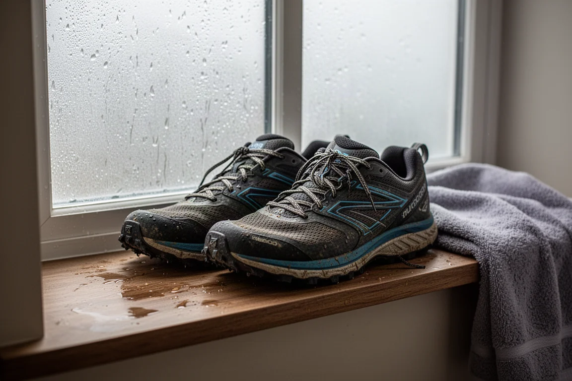 Scarpe da trail in asciugatura vicino a una finestra dopo una corsa bagnata