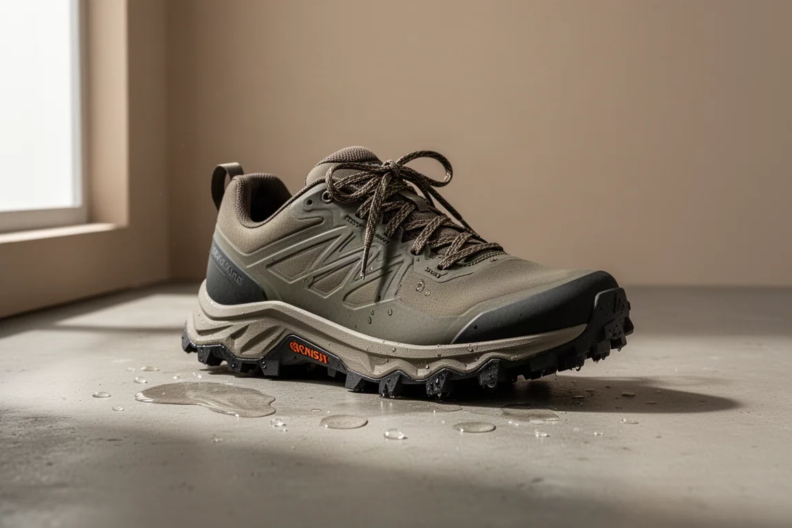 Saucony Xodus Ultra RunShield trail shoe on a wet concrete surface