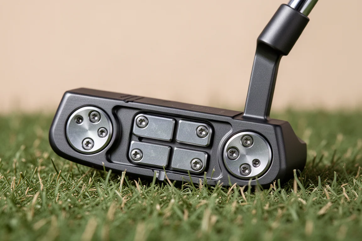 Close-up of adjustable weight blocks on the sole of a mallet putter