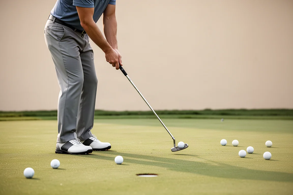 Golfer rolling a medium length putt on a practice green