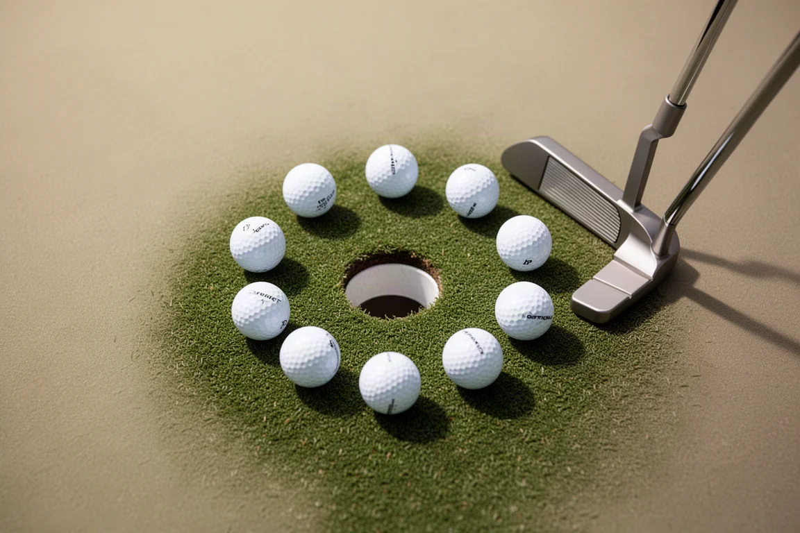 Golf balls arranged in a circle around a hole for short putt practice