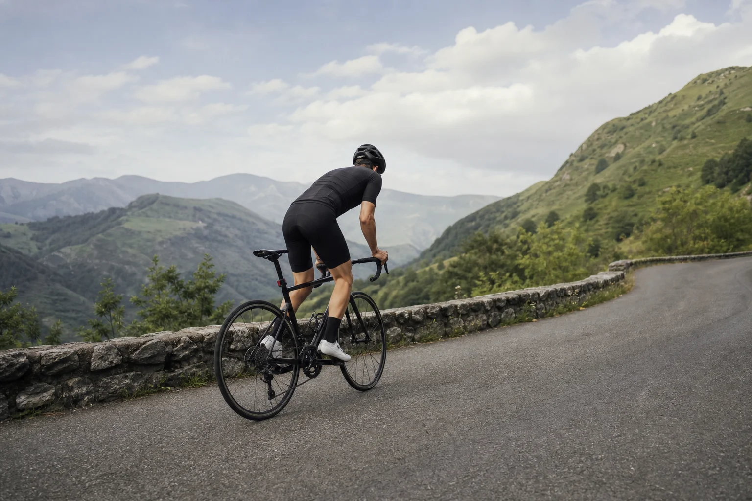 Cyclist climbing a steep hill with green landscape in background