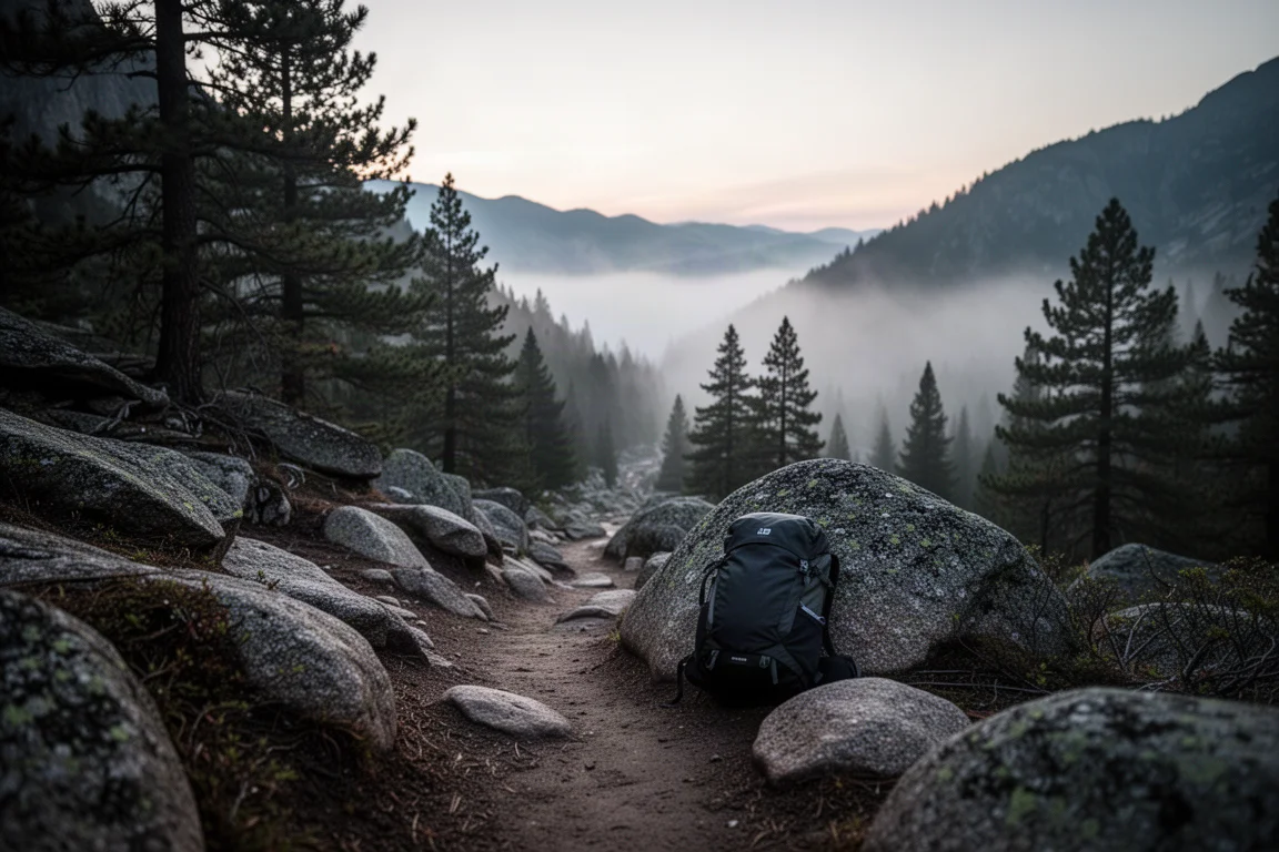 Dark day pack resting against a boulder on a misty mountain trail at dawn