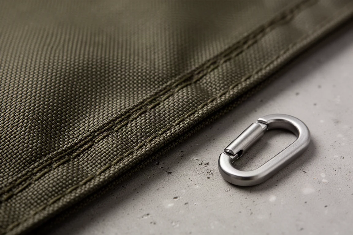 Macro detail of heavy-duty nylon weave, dense stitching, and a metal compression hook