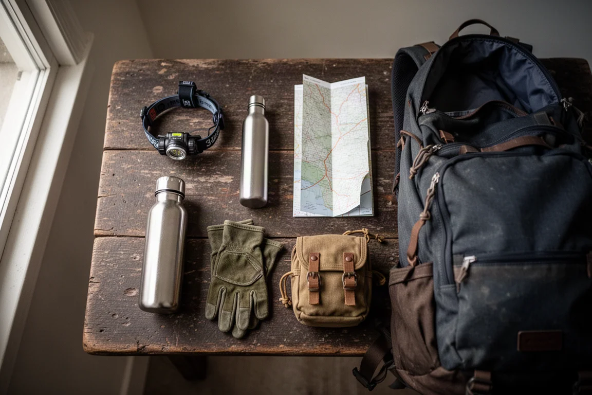 Overhead flat lay of hiking gear arranged on weathered wood beside an open pack