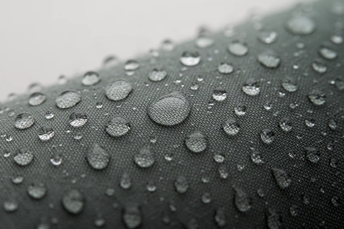 Rain droplets beading on tightly woven dark fabric in soft overcast light