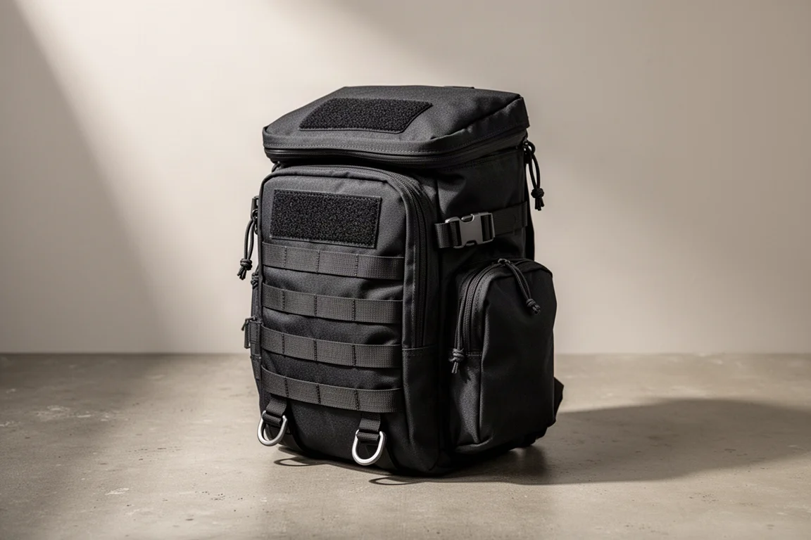 Black tactical 25 litre day pack with PALS webbing and side compression straps on concrete