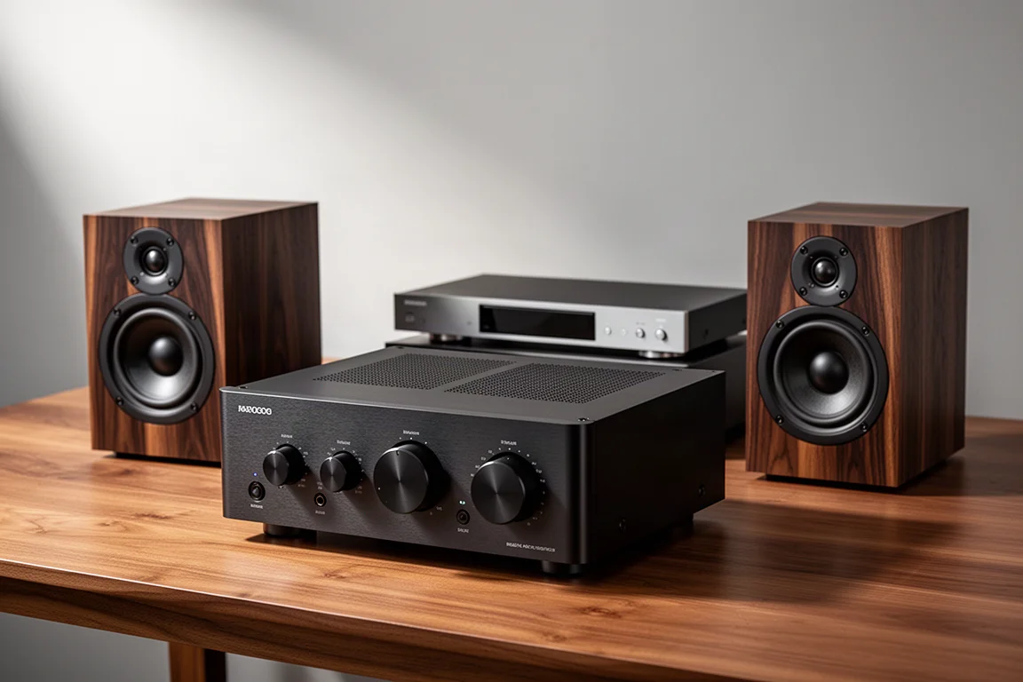 Integrated amplifier, bookshelf speakers and slimline receiver arranged on a warm oak surface
