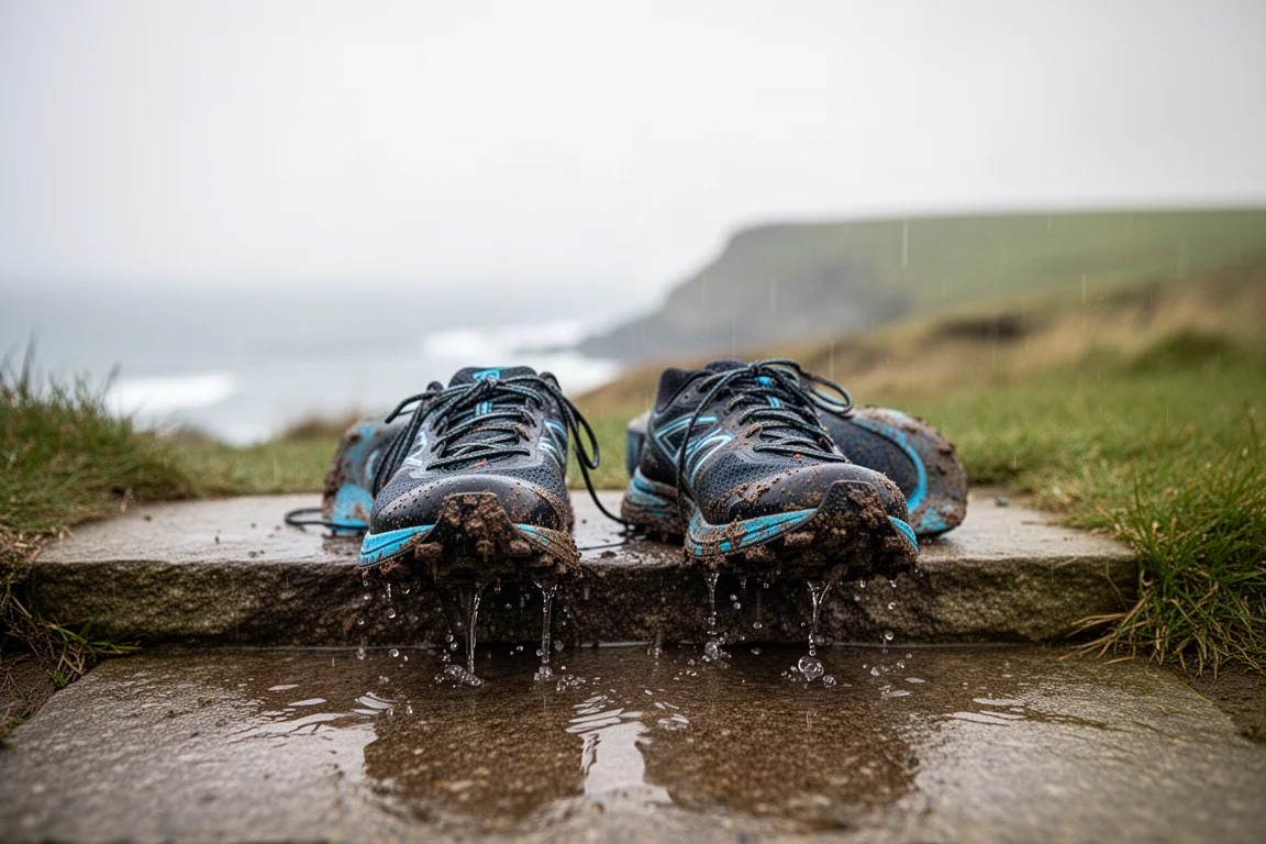 Zapatillas de trail mojadas y embarradas apoyadas en el umbral de una puerta tras una carrera costera