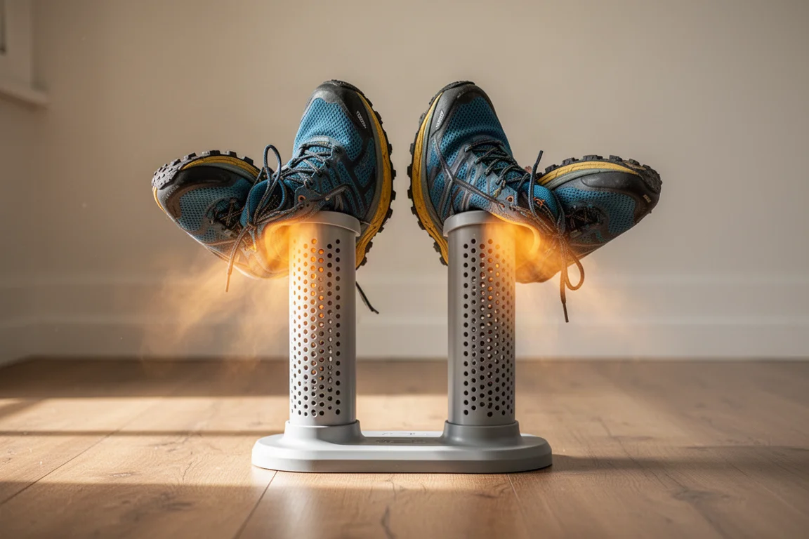 Zapatillas de trail colocadas sobre los tubos de secado verticales de un secador de zapatos