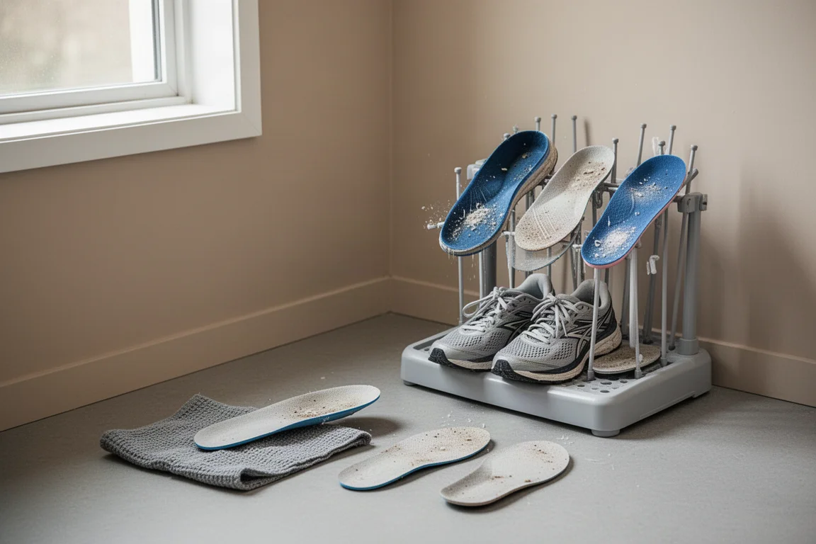 Zapatillas de running secándose suavemente en un soporte lejos del calor directo