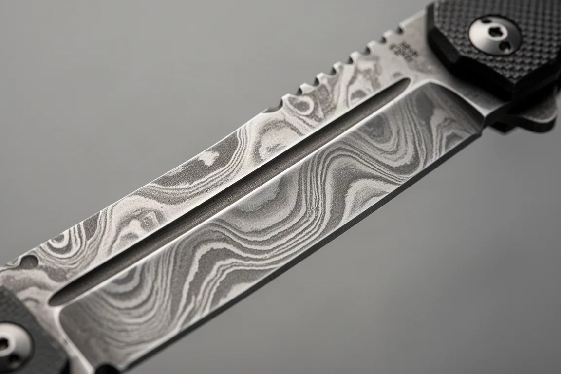 Close-up of a hand-rubbed Damascus blade showing its layered pattern and fuller groove