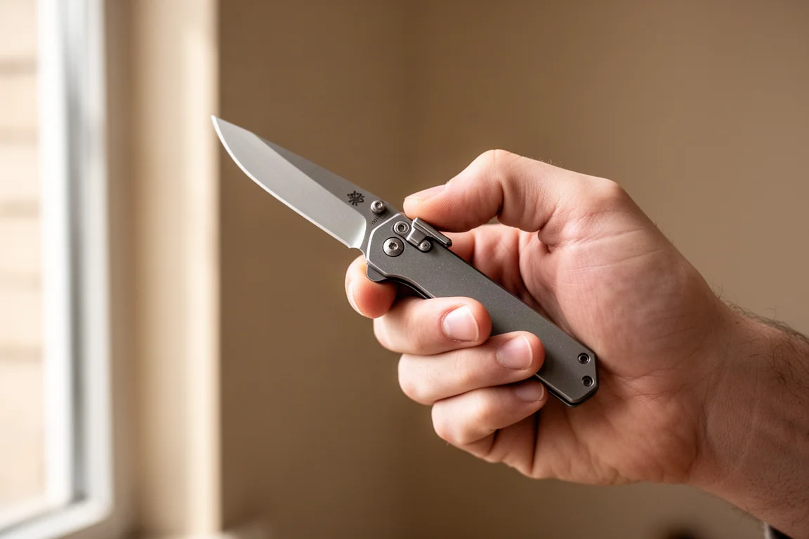 Folding knife held in a comfortable forward grip with a finger choke-up on a small choil