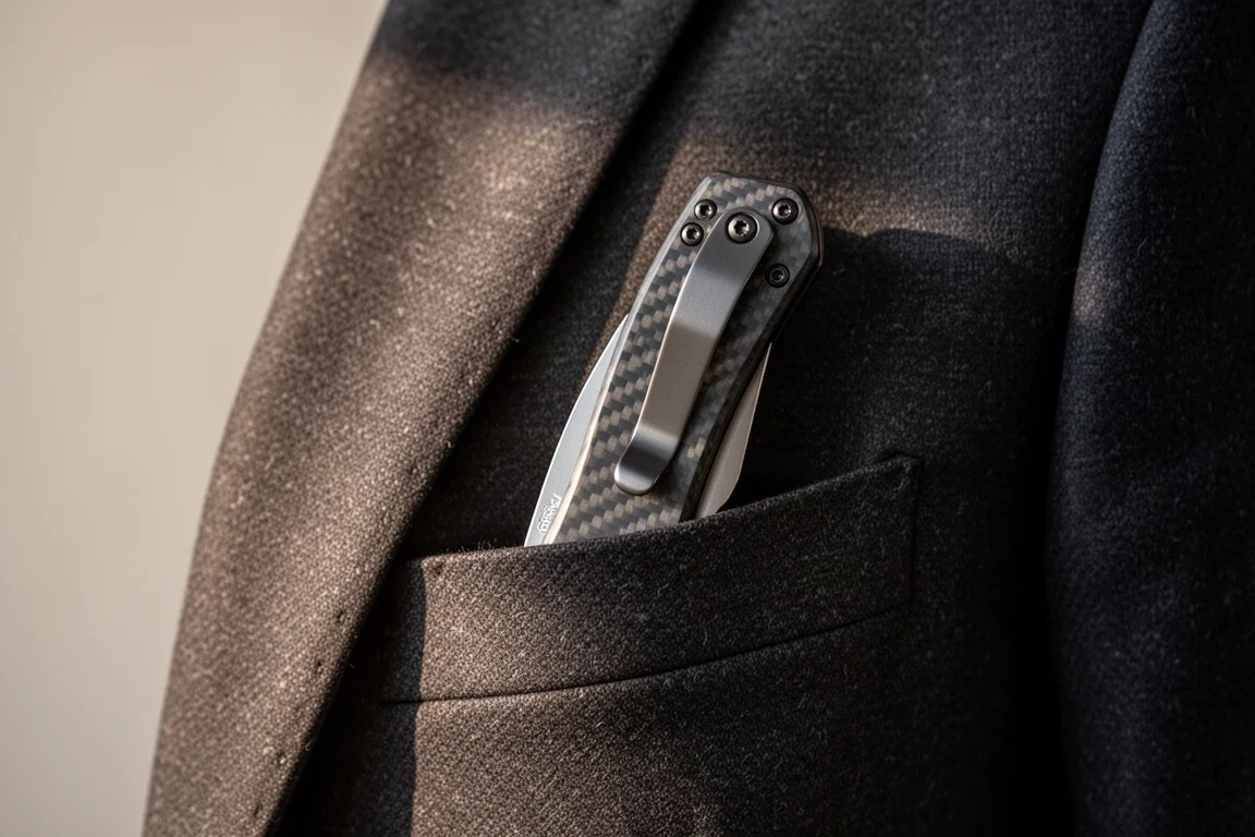 Slim folding knife slipping into a deep-carry pocket clip inside a suit pocket