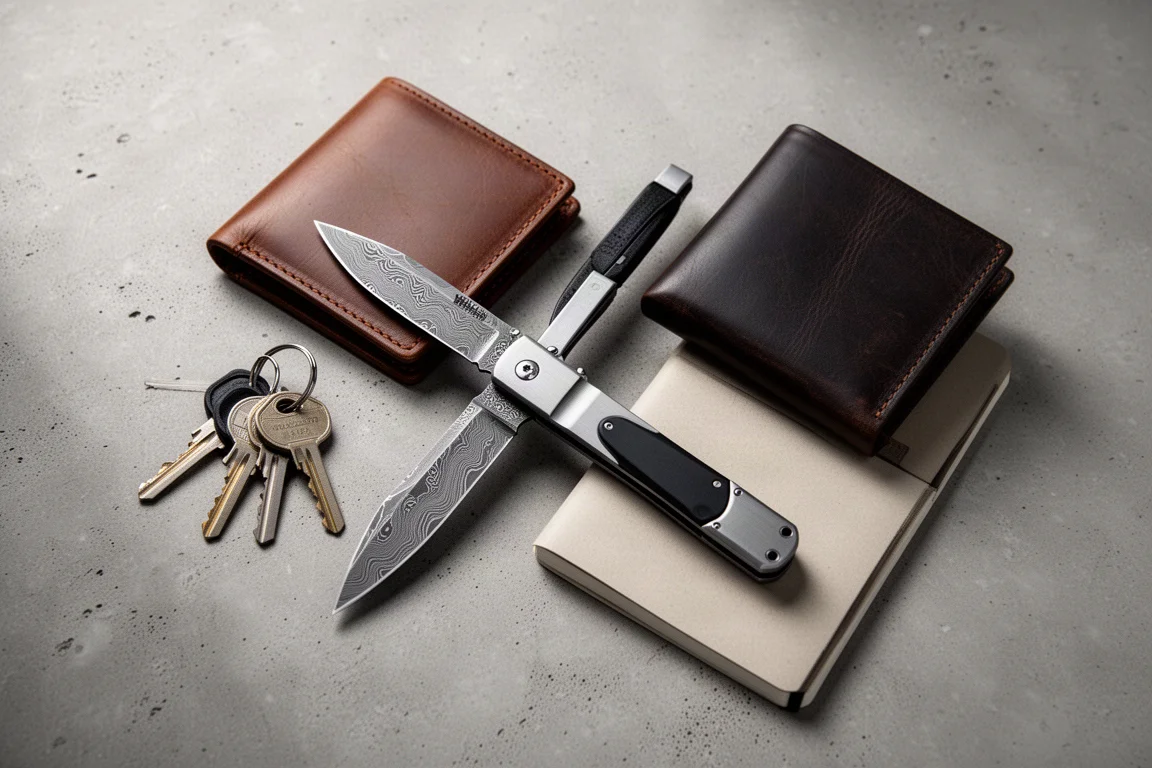 Flat lay of the knife beside everyday carry essentials on a concrete surface