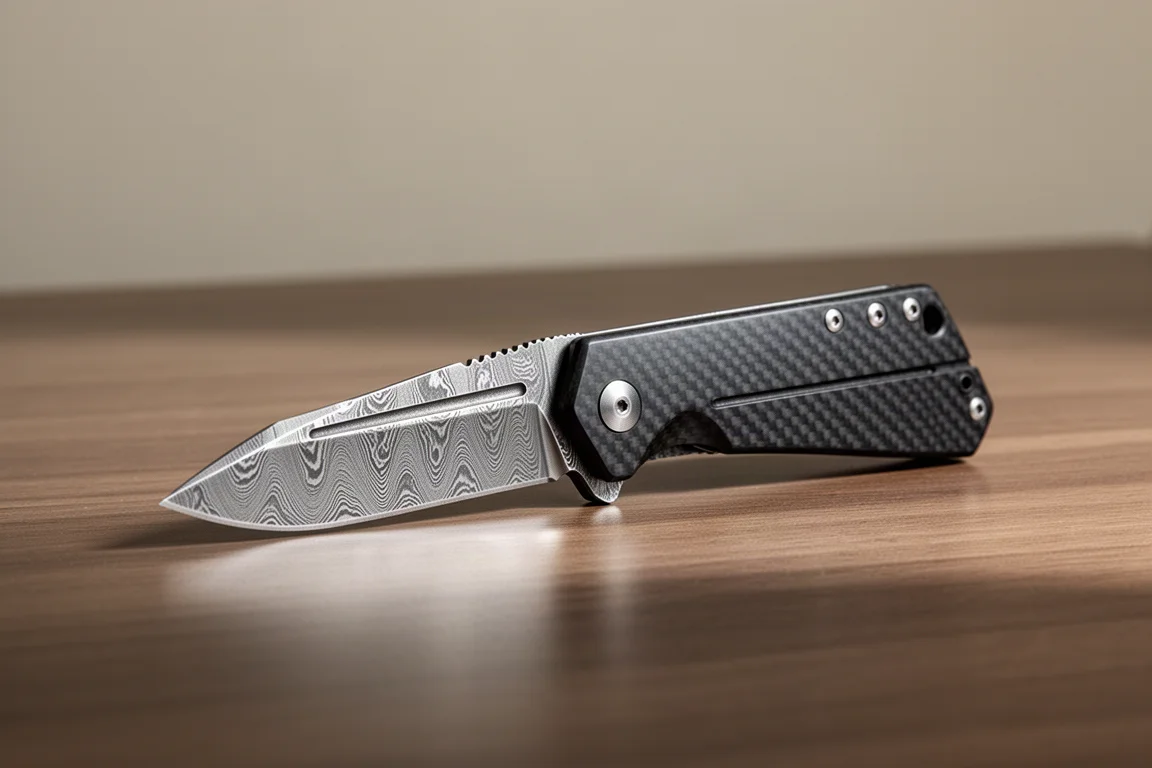 Coltello pieghevole Saveive Cetus con manico in fibra di carbonio e lama in Damasco su una scrivania di legno
