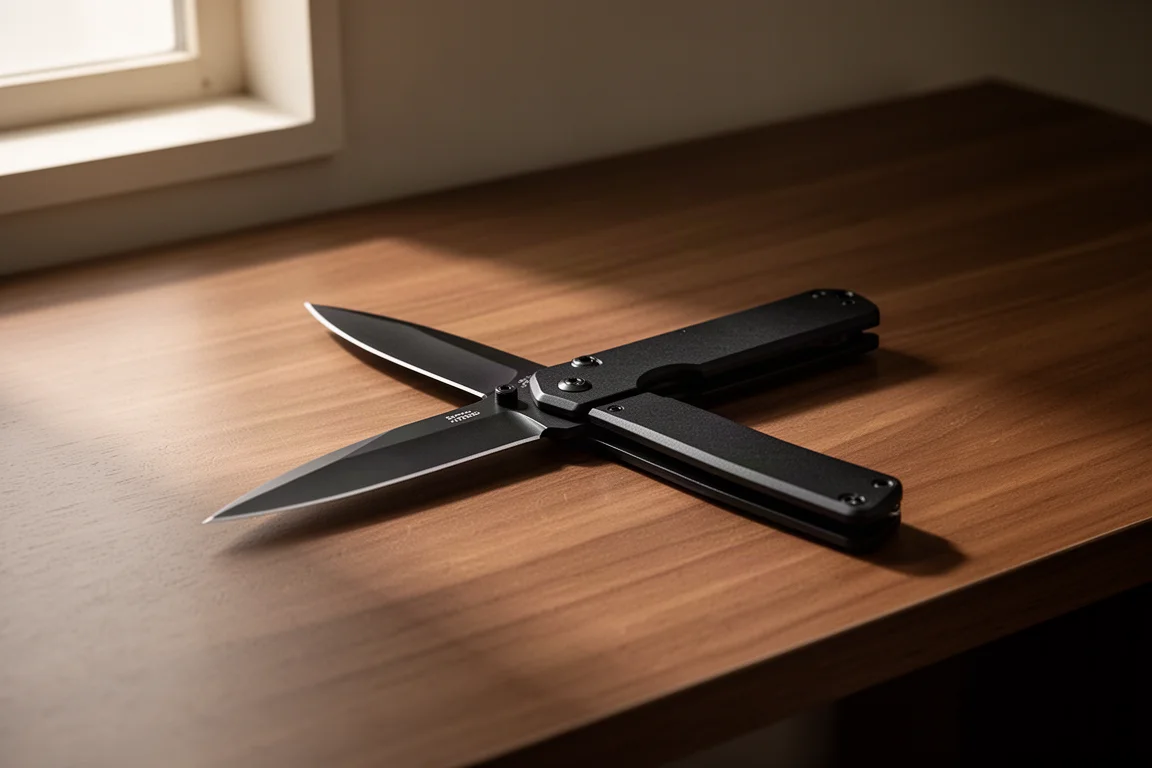 Coltello pieghevole con chiusura a pulsante aperto su una scrivania di legno