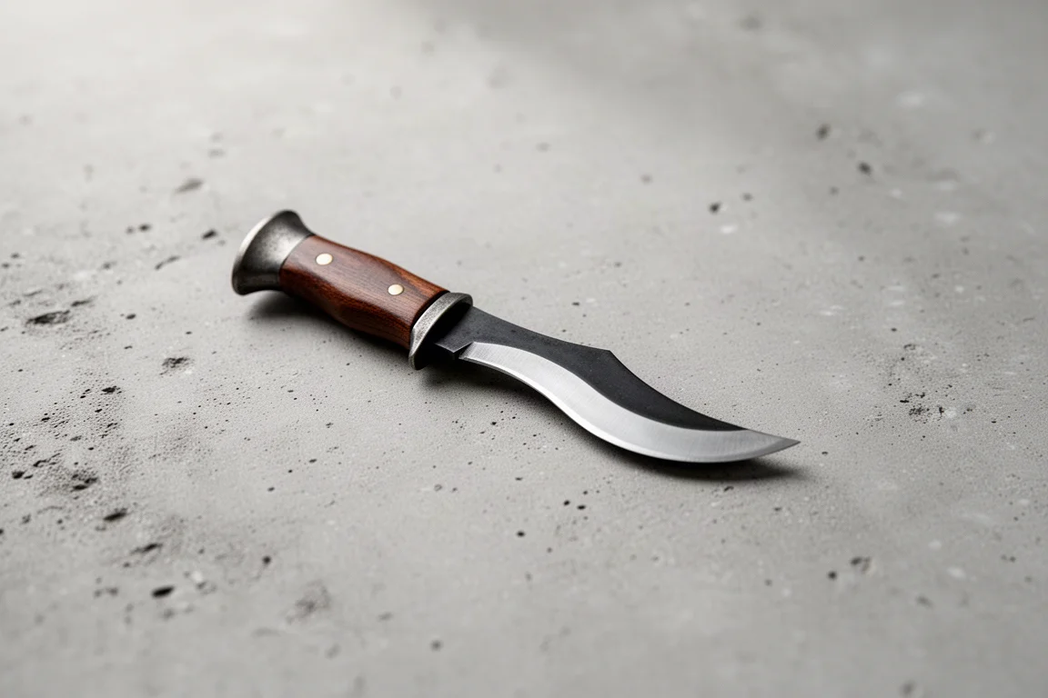 Kleines Kukri-Messer auf einem Schreibtisch neben einer Referenzsilhouette in voller Größe