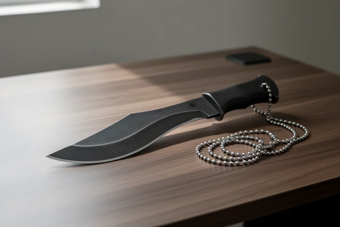 Winziges Kukri-Messer mit Kugelkette auf gebürstetem Holzschreibtisch