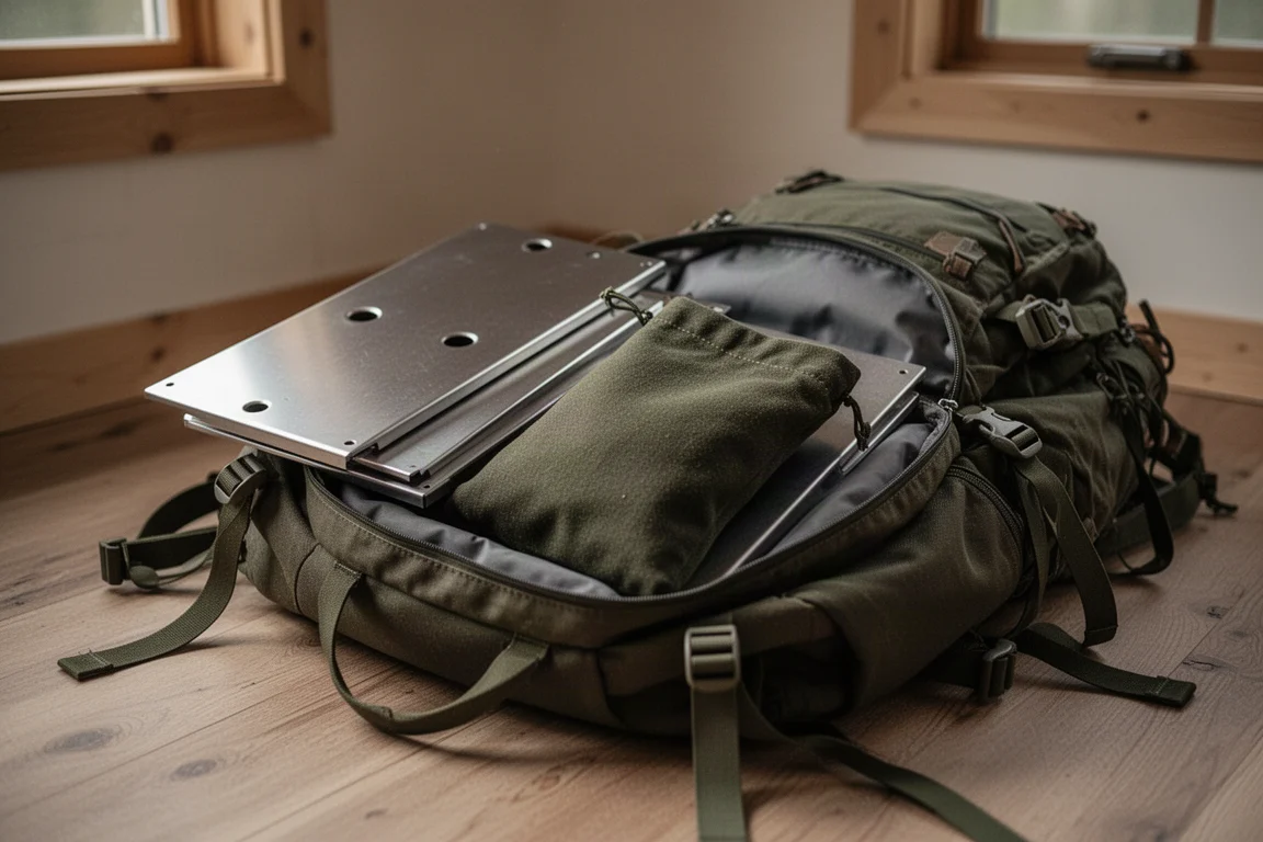 Fogão de acampamento dobrado e bolsa de tecido compactados dentro de mochila de trilha aberta