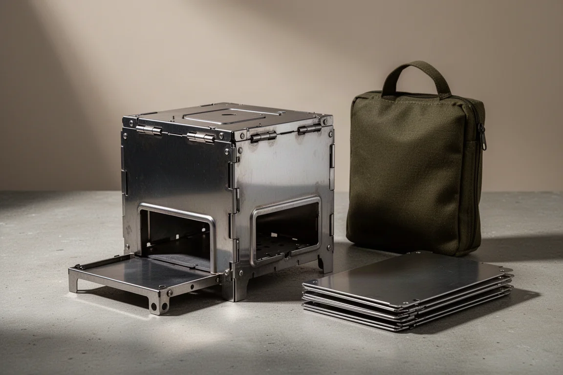 Collapsible stainless steel wood burning camp stove with folded panels and carry pouch on concrete