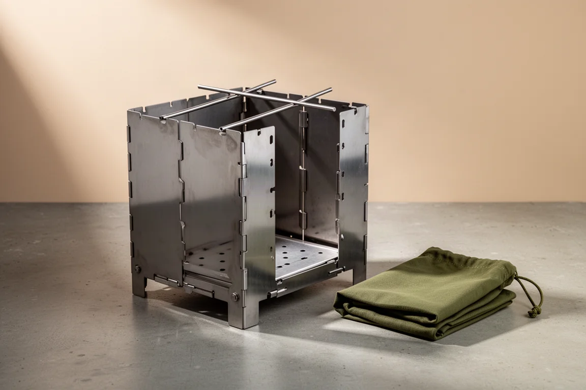 Assembled stainless steel collapsible wood stove with pot supports beside a green storage pouch