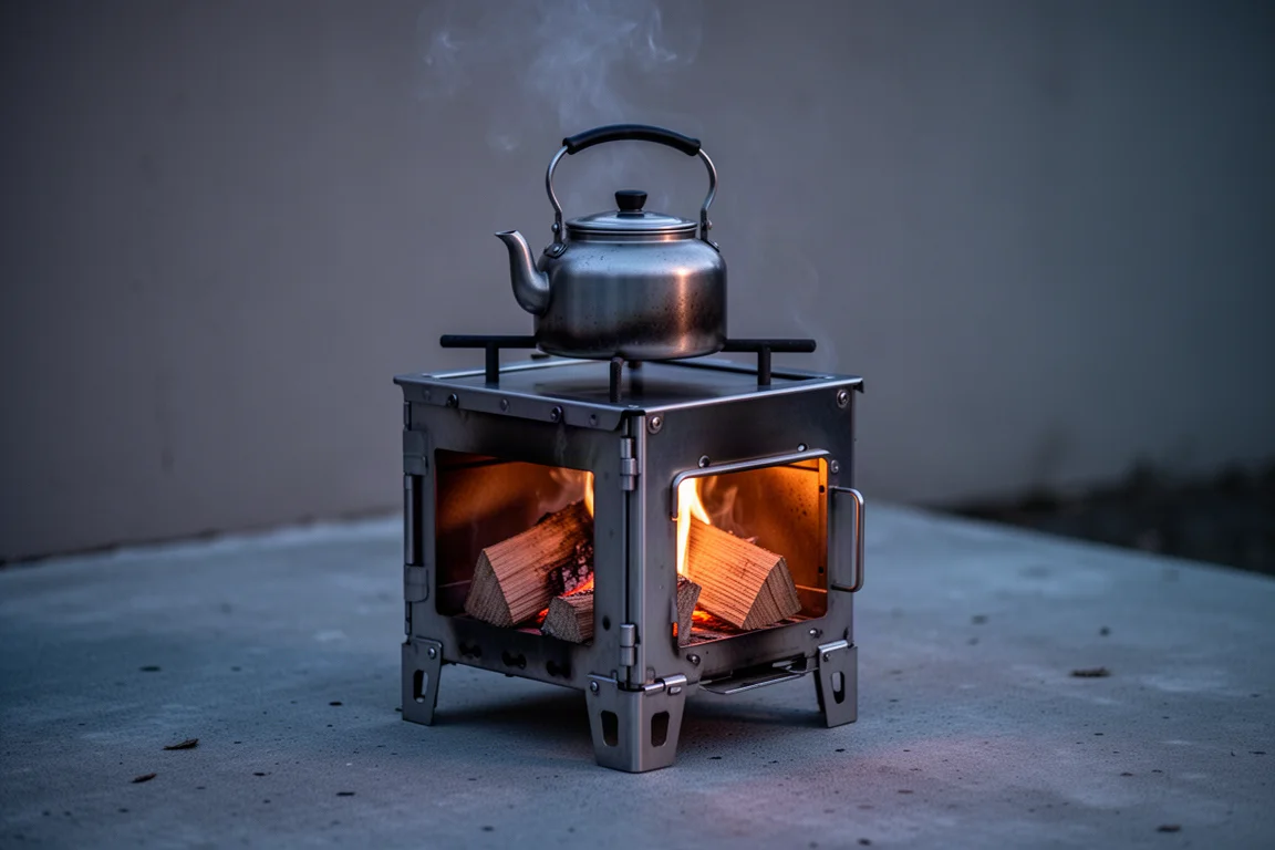 Collapsible stainless steel wood stove burning with a kettle on top