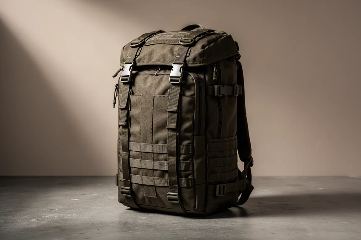 Dark olive tactical daypack with top lid and compression straps on a concrete surface