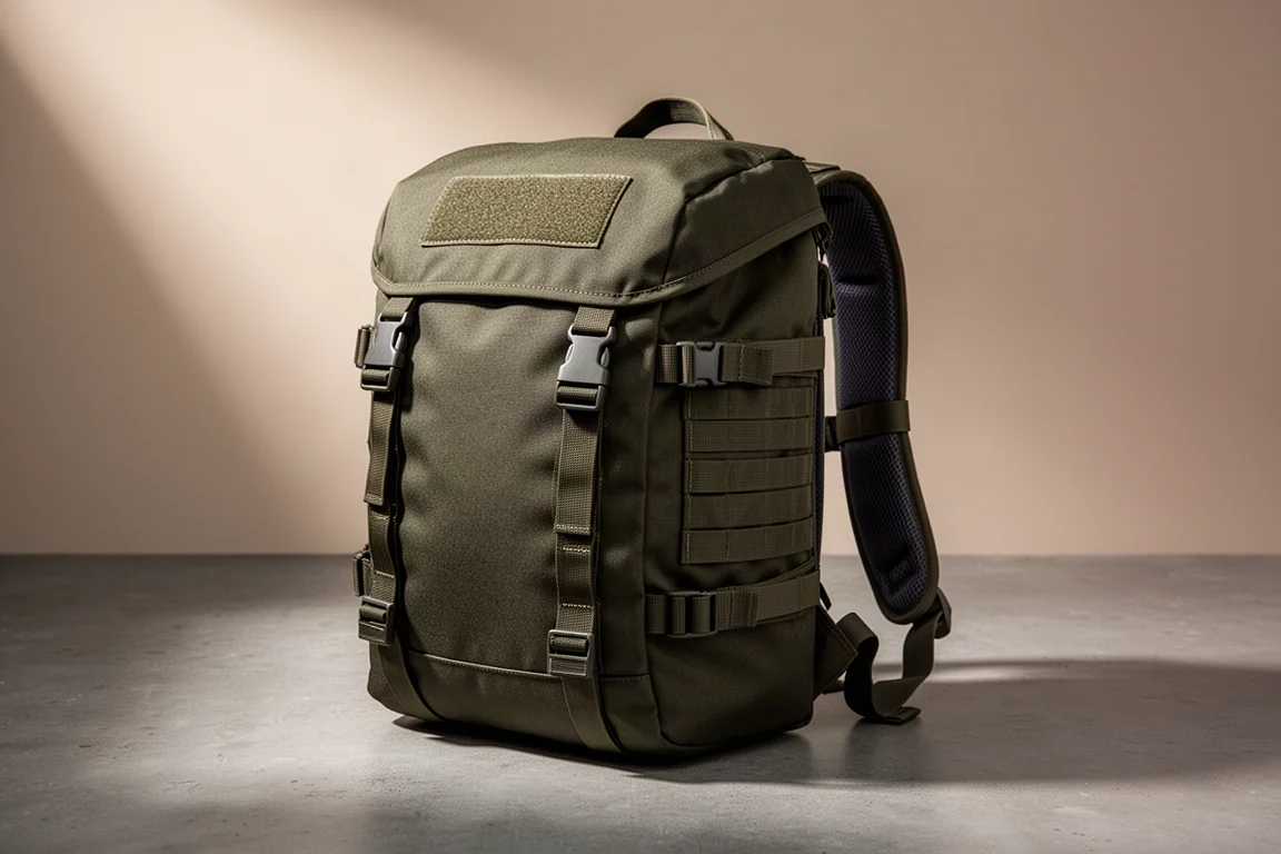 Savotta Kahakka 25L tactical daypack in olive-brown nylon on a concrete surface