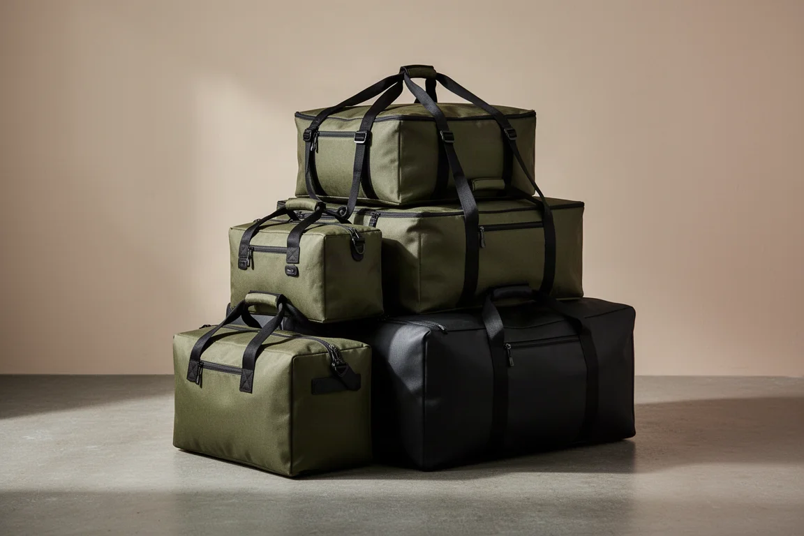 Three rectangular Savotta Keikka duffel bags stacked on a concrete floor