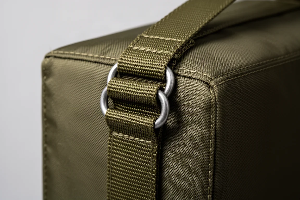 Primer plano de una correa de cinta continua que envuelve la esquina de una bolsa duffel a través de una anilla metálica soldada