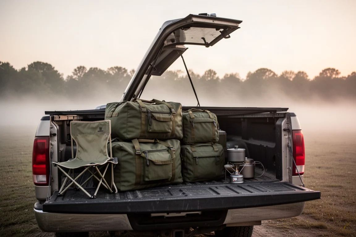 Tres bolsas duffel cargadas en la caja de una camioneta al amanecer con equipo de acampada al lado
