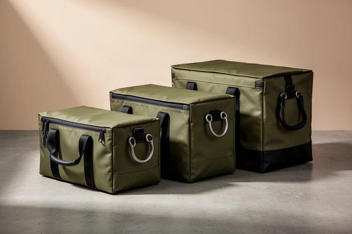 Three rectangular olive green duffel bags of increasing size in a stepped row on concrete