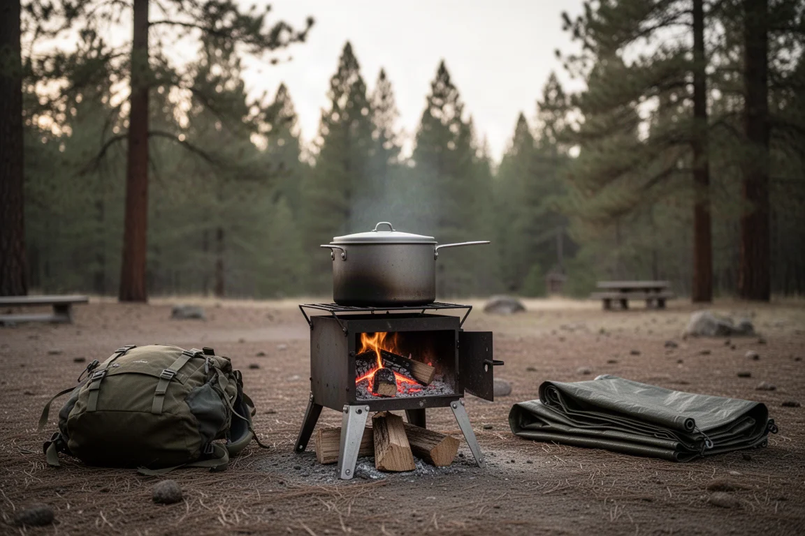 Equipo de cocina de campamento con una olla grande sobre una estufa de leña en un claro