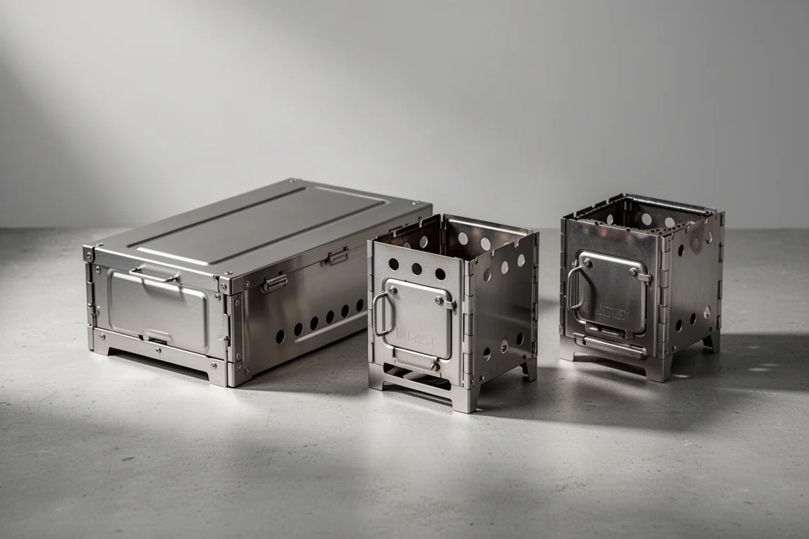 Three folding stainless steel Savotta wood burning camping stoves on a concrete surface