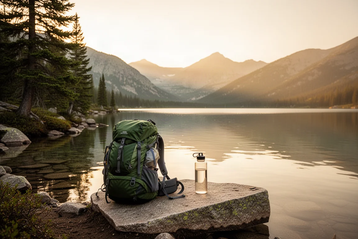 Alpine lake shoreline at first light with clear shallow water over pale rocks