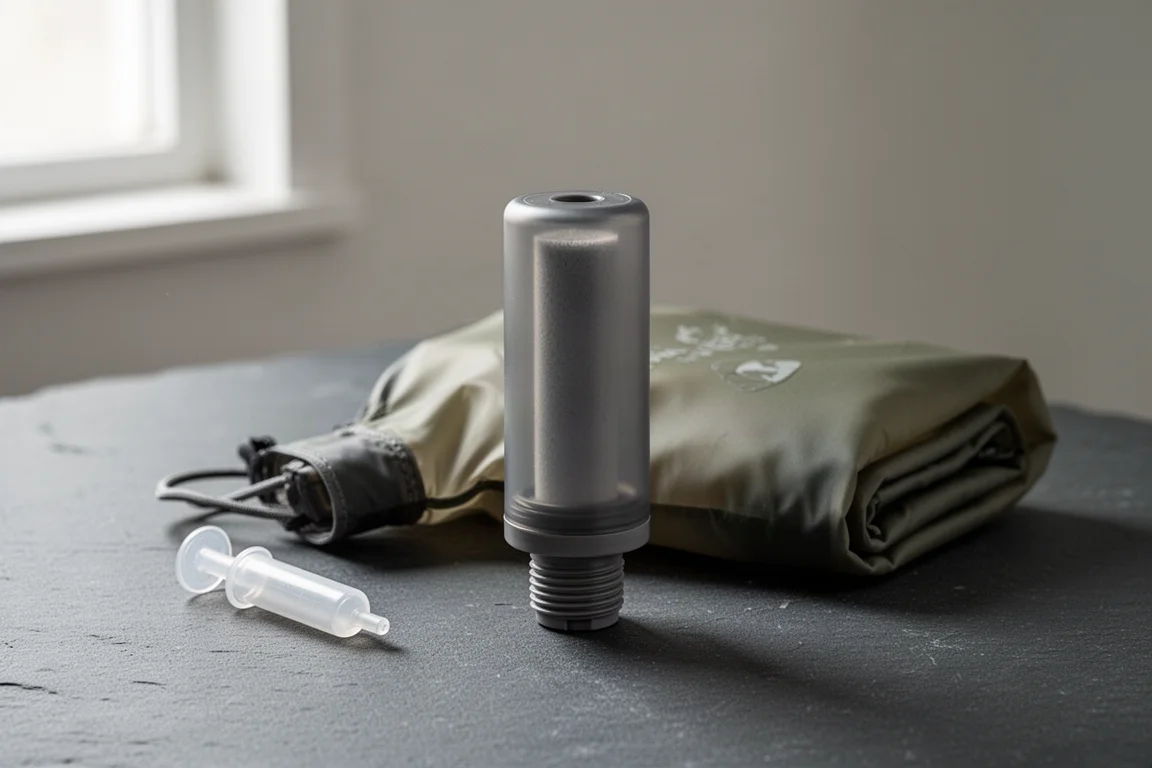 Compact hollow fiber water filter, translucent squeeze pouch, and plunger on a matte concrete surface