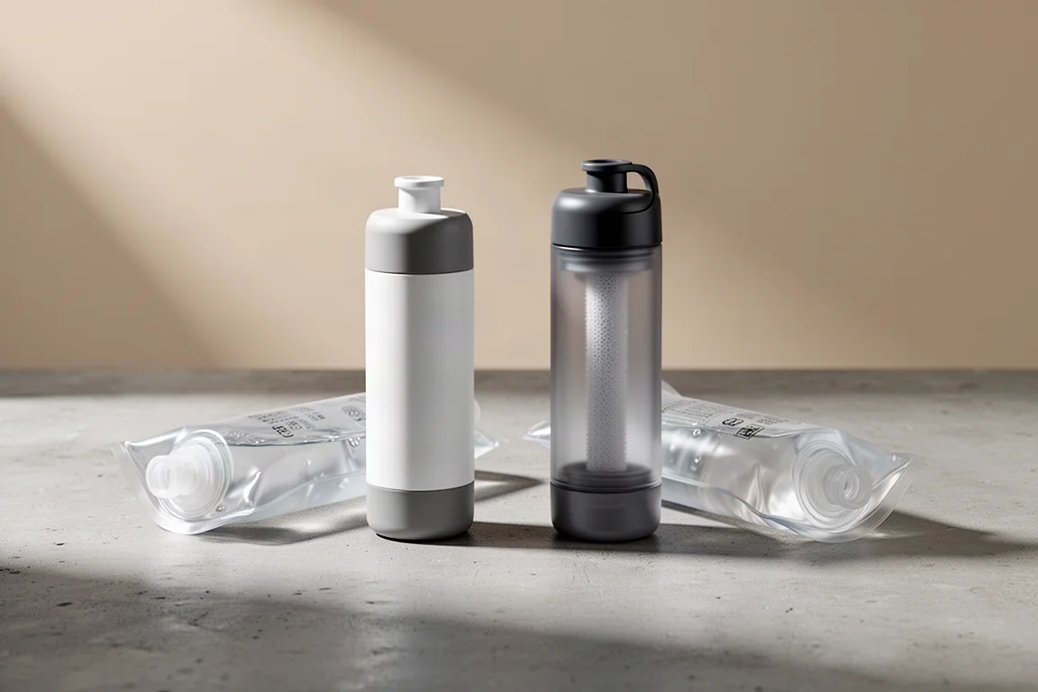 Two compact squeeze-style backpacking water filters beside clear water pouches on concrete