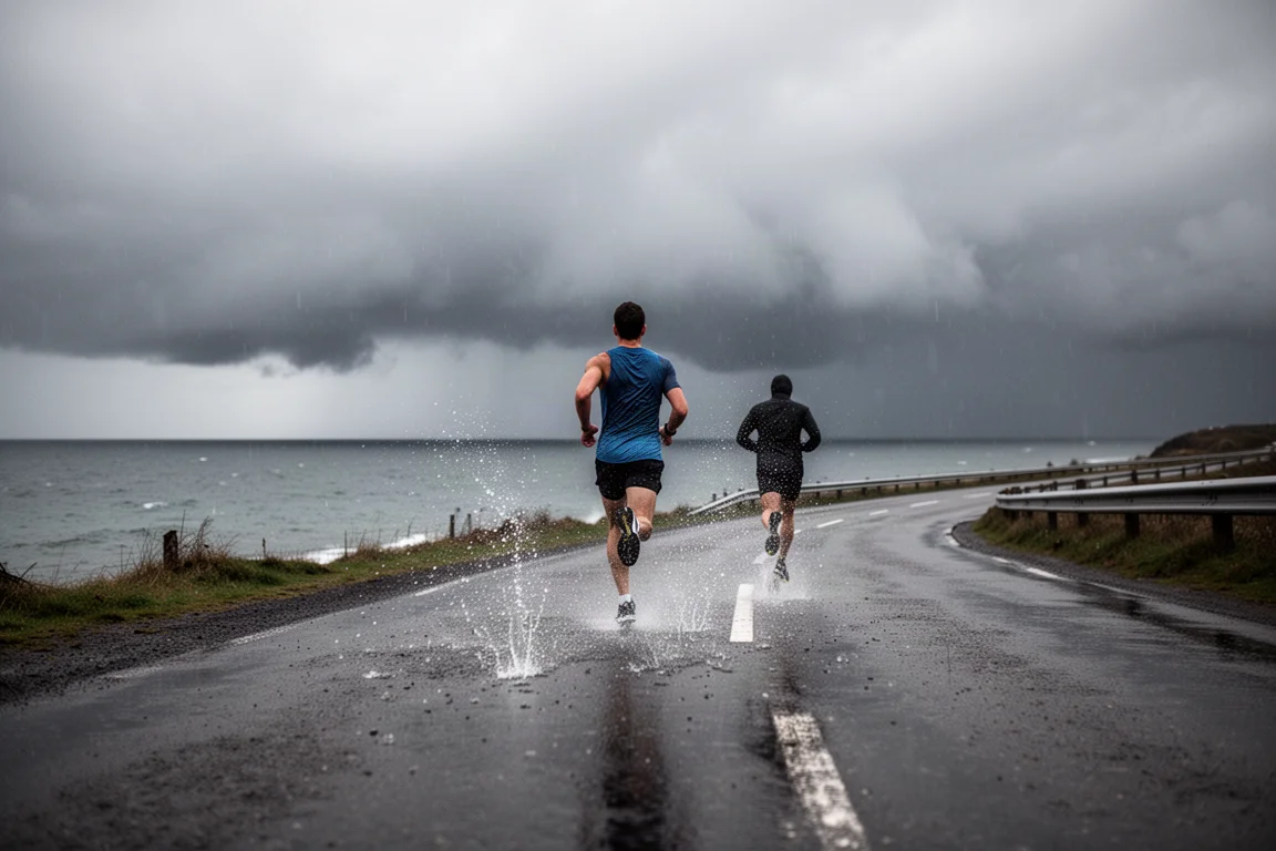 Corridore che parte su una strada costiera bagnata sotto nubi temporalesche cupe