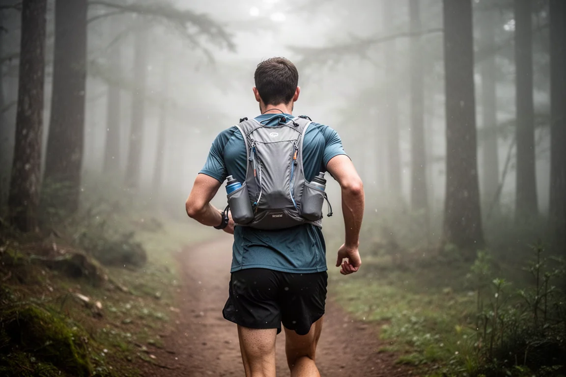 Trailrunner met een lichtgewicht hydratatievest op een mistig bospad