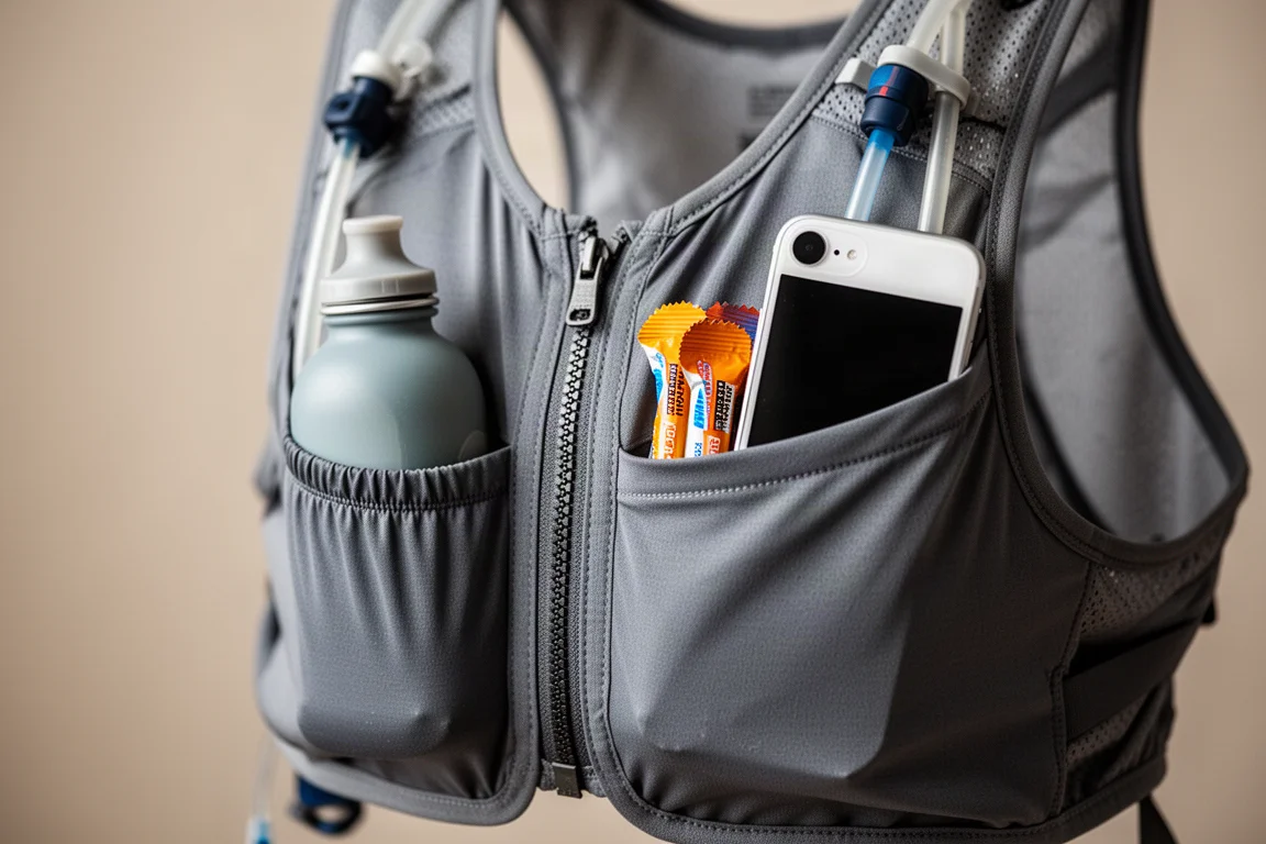 Close-up van voorzakken van het vest met gels en een soft flask