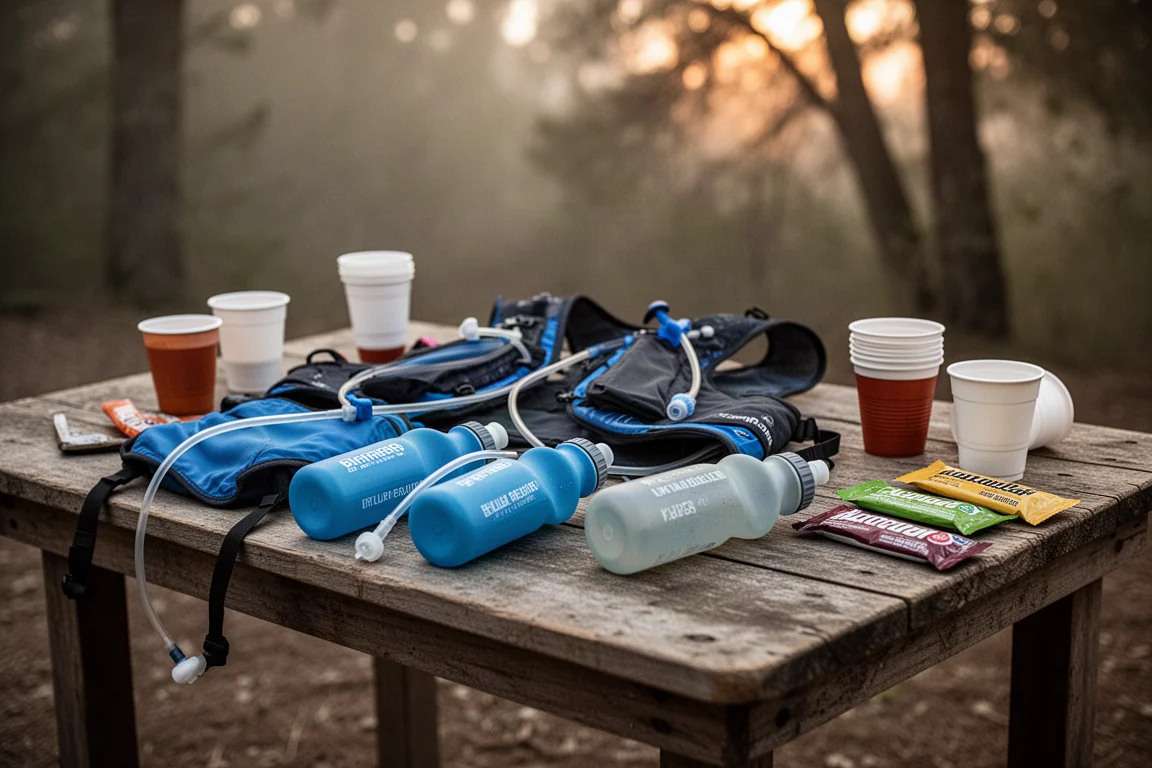 Verzorgingspost tijdens een trailrace met vesten en bidons op een houten tafel