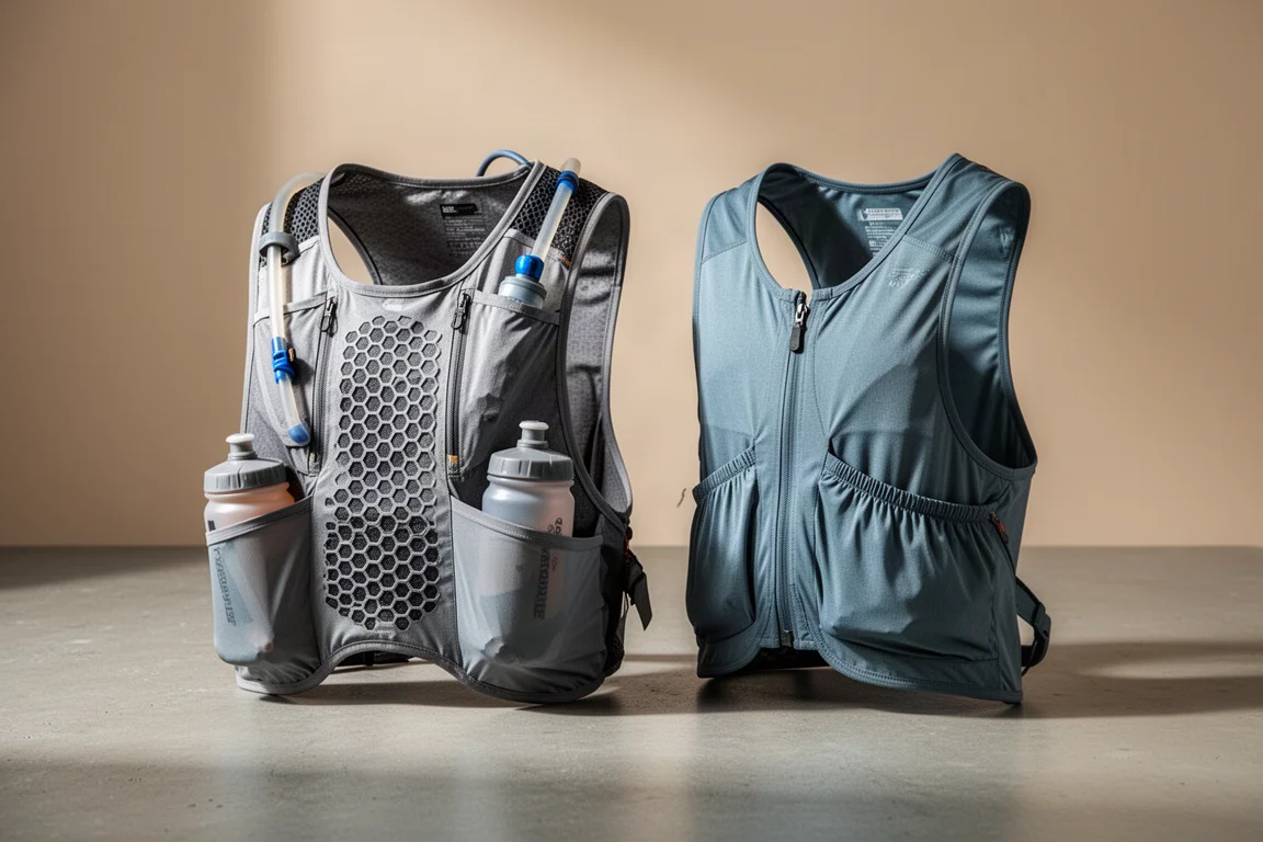 Due zaini d'idratazione per trail running affiancati su una superficie in cemento