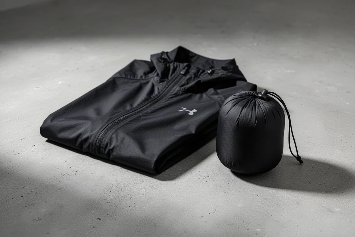 All-black lightweight waterproof running jacket on concrete with packed-down bundle