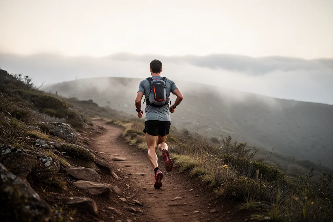 Trail-Läufer auf einem ruppigen Singletrail im sanften Morgenlicht