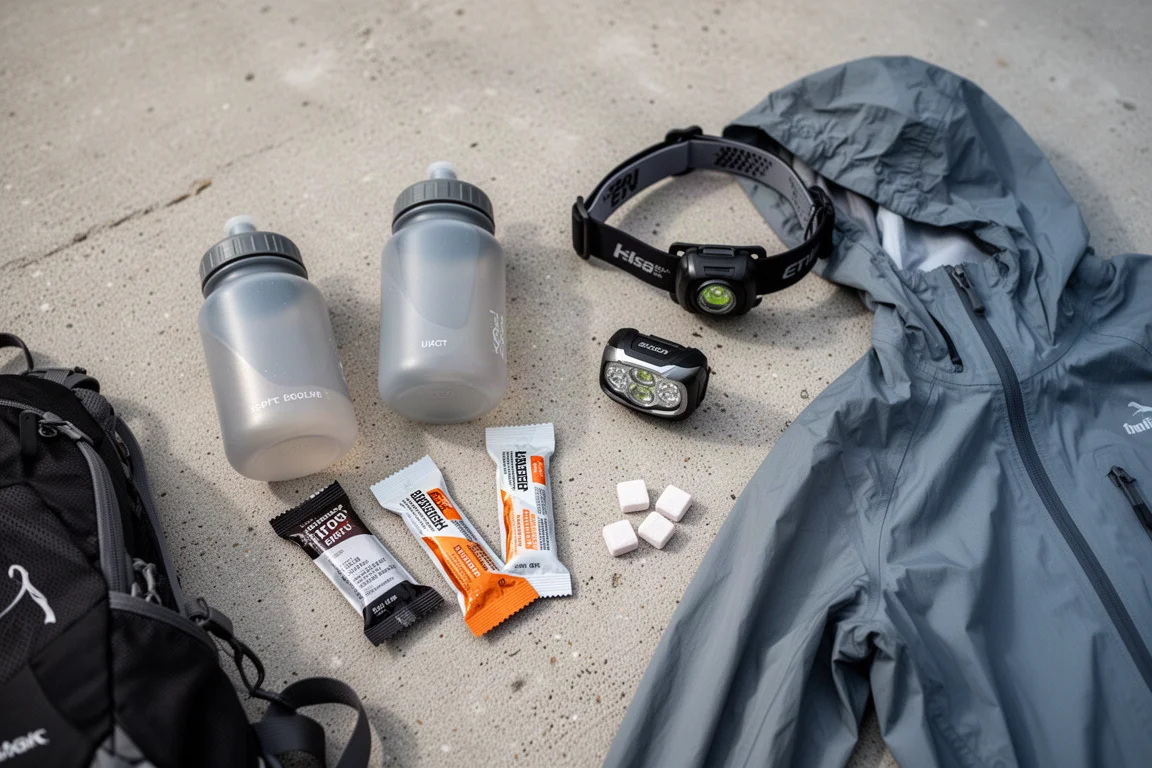Taschen eines Laufpacks gefüllt mit Soft Flasks und Trail-Snacks